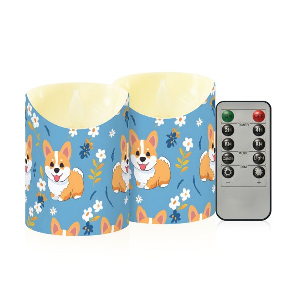 Corgi Cartoon Pattern Flameless Candles 2 PCS with Remote Realistic Moving Flame LED Tapered Pillar Set for Home Decor