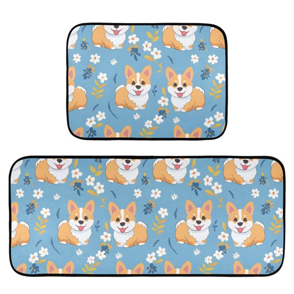 Corgi Cartoon Pattern Kitchen Mat 2 Piece Non Slip Absorbent carpet Floor Mat 19.7x27.6in+19.7x47.2in
