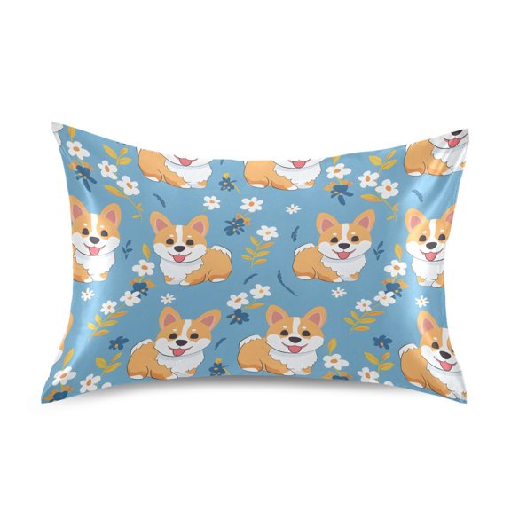 Corgi Cartoon Pattern Pillowcase King Size 40''x20'' Satin Double-Sided Print Soft Wrinkle Resistant