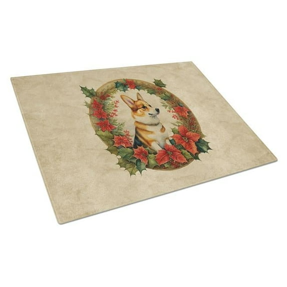 Corgi Christmas Flowers Glass Cutting Board 12 in x 15 in