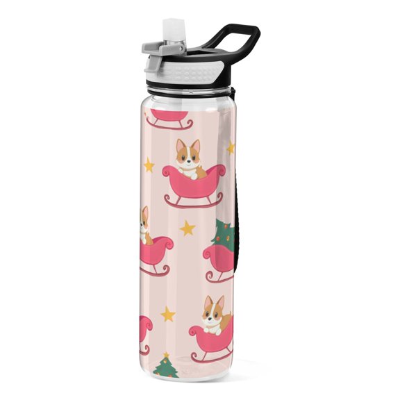 Corgi Christmas Tree Pattern Sport Water Bottle Tritan with Straw 1000ml Portable for Outdoor Daily Use