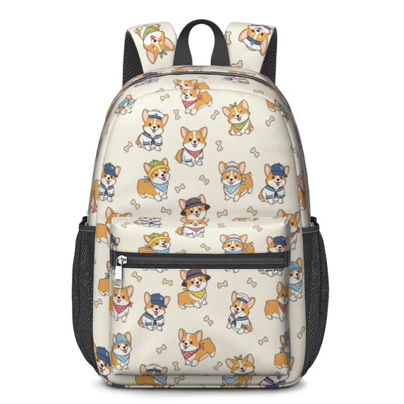 Corgi Costume and Bone Cream 17" Waterproof Oxford School Backpacks for Teens, S-Shape Padded Straps, for School, Travel, Hiking, Camping