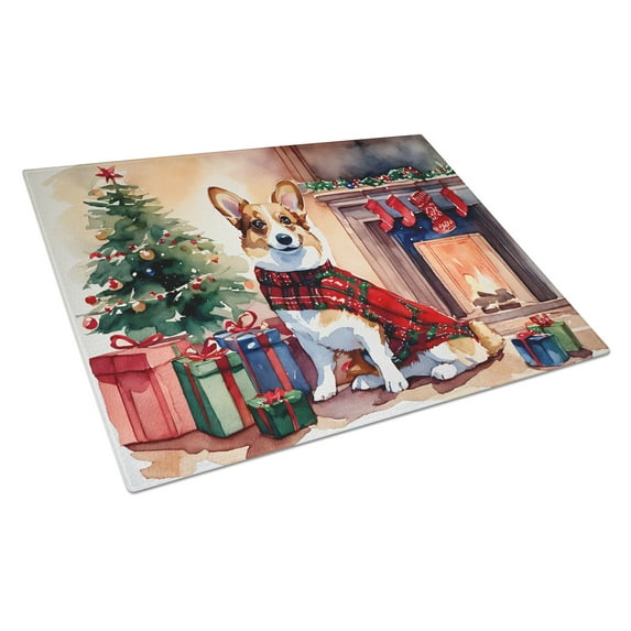 Corgi Cozy Christmas Glass Cutting Board Large 12 in x 15 in