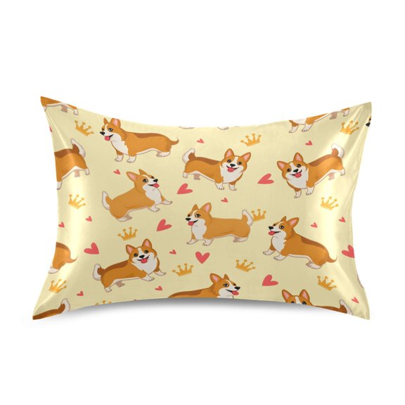 Corgi Crown Pattern King Size Satin Pillowcase 40''x20'' Double-Sided Print Soft Wrinkle Resistant
