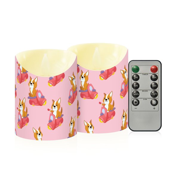 Corgi Cycling Pattern Flameless Candles 2 PCS with Remote Realistic Moving Flame LED Tapered Pillar Set for Home Decor