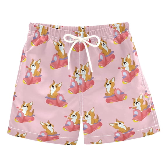 Corgi Cycling Pattern Swim Trunks Quick Dry Beach Pool Board Shorts Lightweight Stylish Print Sizes 2T to XL