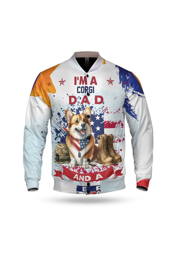 I'm a Corgi Dad and a Veteran, Nothing Scares me Happy Father's Day All Over Print 3D Baseball Jacket Welsh Corgi Dog Lover Gifts Idea Bomber Jacket Softball - 00006
