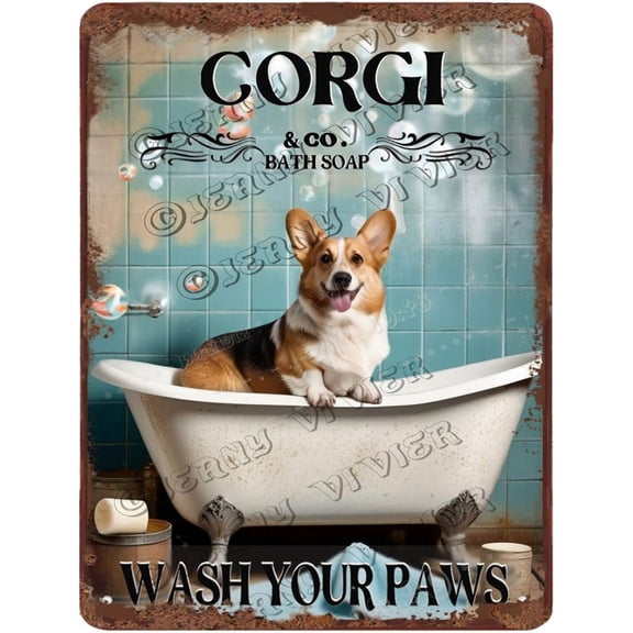 Corgi Decor Wash Your Paws Decor Dog Art Retro Aluminum Sign 12x16 IN Metal Tin Sign Funny Bathroom Wall Decor Dog Gifts Corgi Dog Themed Party Supplies Rustic Shabby Chic Wall Art