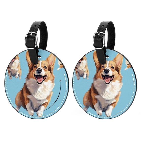 Corgi Dog 2pcs PU Leather Round Bag Tags Suitcase Handbag Tags with Privacy Cover and Name ID Tag for Travel Luggage, Handbags, Backpacks, School Bags
