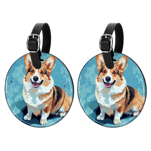 Corgi Dog 2pcs PU Leather Round Bag Tags with Privacy Cover and Name ID Tag - Suitcase Tags for Travel Luggage, Handbags, Backpacks, School Bags