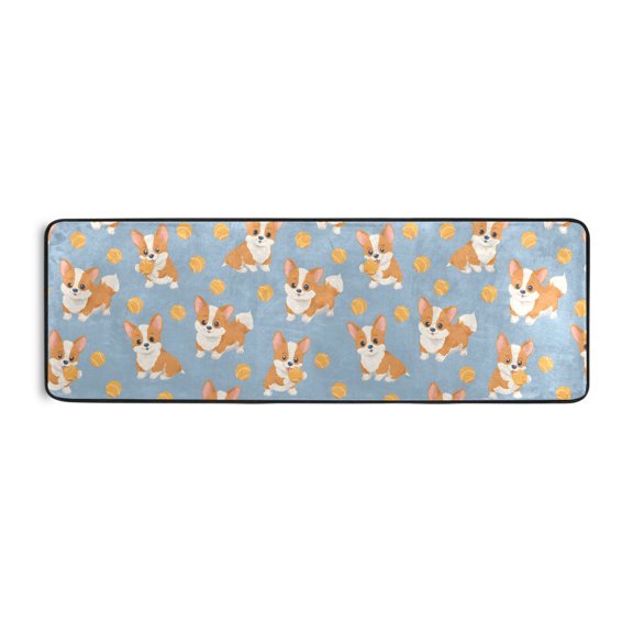 Corgi Dog Ball Pattern Runner Rug 24x72 Inch Cushioned Non Slip Soft Absorbent Floor Mat