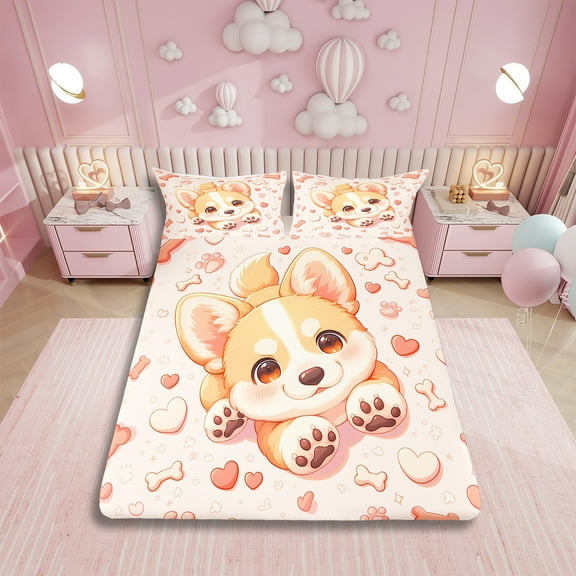 Corgi Dog Bed Sheets Set Twin Size,3D Kawaii Cartoon Puppy Flat Fitted Sheet Soft Microfiber,Cute Pet Animal Bedding Set,Romantic Love Hearts Skeleton Bed Set Fitted Sheet 1 Pillowcase