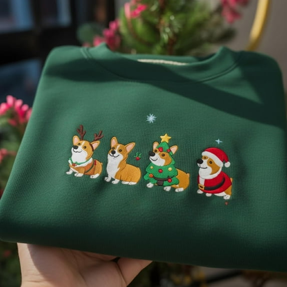 Corgi Dog Christmas Embroidered Sweatshirt, Santa Hat Dog Hoodie, Cute Xmas Pet Lover Gift, Funny Dog Mom Crewneck Sweater, Corgi Tee