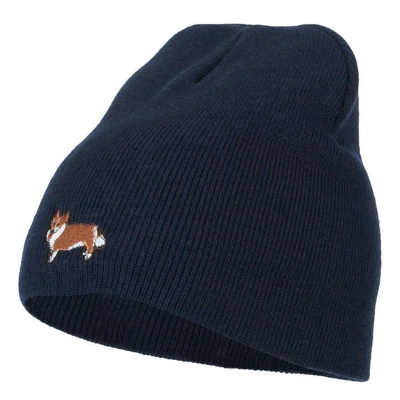 Corgi Dog Embroidered Knitted Short Beanie - Navy OSFM