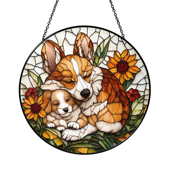 Corgi Dog Faux Stained Glass Suncatcher Window Hanging, Mother and Daughter Dog Design, Cute Animal Lover Decor