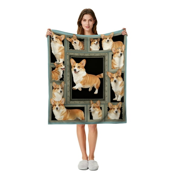 Corgi Dog Flannel Fleece Blanket, Soft Cozy Throw with Cute Corgi Portrait Collage, Warm Lightweight Bed and Couch Cover, Pet Lover Gift for Women Men - 50"x40"