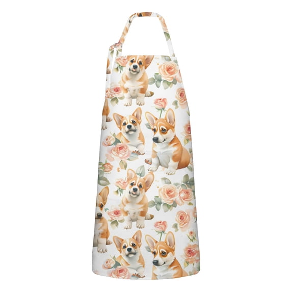 Corgi Dog and Flower Florals Apron-Garden Aprons for Women with Pockets-Cotton Linen Waterproof Kitchen Cooking Gardening Aprons Adjustable for Kitchen,Cooking,BBQ and Salon 33x27 Inch