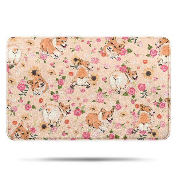 Corgi Dog and Flower Florals Bathroom Rugs Mat,Non Slip Microfiber Bathroom Rug,Rubber Backing,Soft Bathroom Mats for Bathroom Floor,Tub and Shower,17x27in(43x68cm)