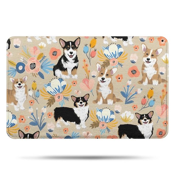 Corgi Dog and Flower Florals Bathroom Rugs Mat,Non Slip Microfiber Bathroom Rug,Rubber Backing,Soft Bathroom Mats for Bathroom Floor,Tub and Shower,17x27in(43x68cm)