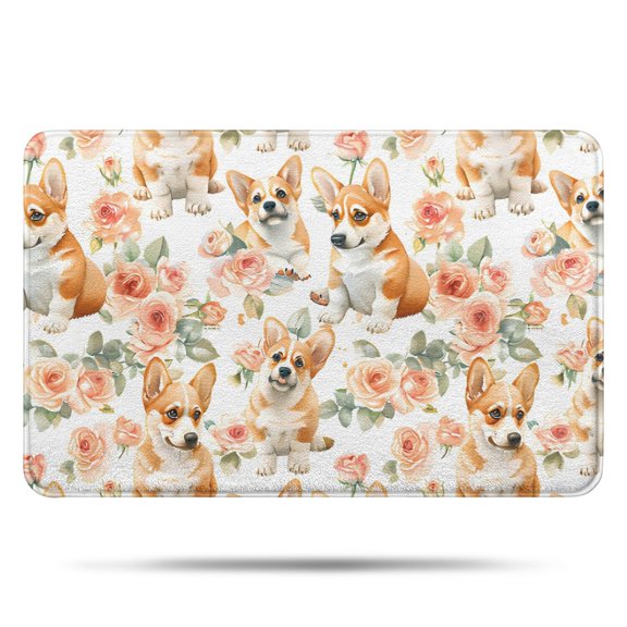 Corgi Dog and Flower Florals Bathroom Rugs Mat,Non Slip Microfiber Bathroom Rug,Rubber Backing,Soft Bathroom Mats for Bathroom Floor,Tub and Shower,17x27in(43x68cm)