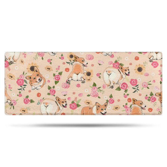 Corgi Dog and Flower Florals Bathroom Rugs Mat,Non Slip Microfiber Bathroom Rug,Rubber Backing,Soft Bathroom Mats for Bathroom Floor,Tub and Shower,60x24in(150x60cm)
