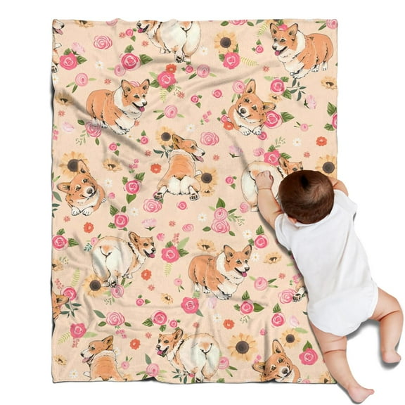 Corgi Dog and Flower Florals Blanket,Comfortable Soft Flannel Throw Blanket,All Season,Warm Lightweight Blankets for Sofa Bed Couch Living Room Chair,30"x40"