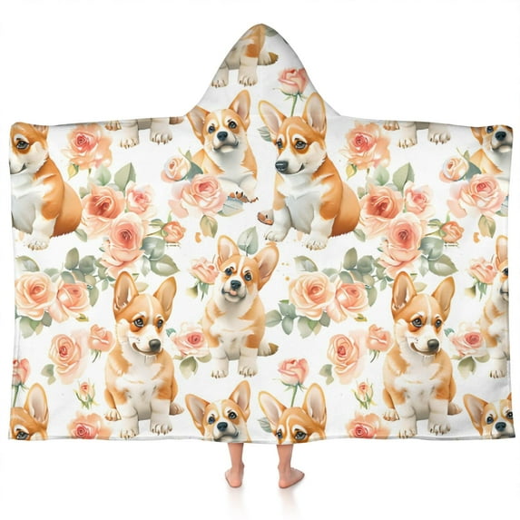Corgi Dog and Flower Florals Hooded Bath Towel,60"x35" for Ages 3 To 12 Kids, Quick Dry Lightweight Soft Microfiber Hood Beach Towel Cover Up for Kids