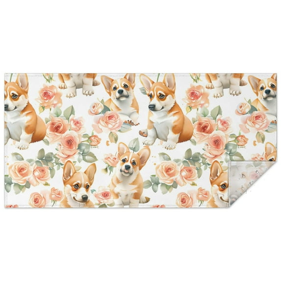 Corgi Dog and Flower Florals Rectangle Tablecloth 60"x120",Waterproof Polyester Rectangle Table Cloth, Wipeable Spillproof Polyester Tablecloth for Dining, Camping, Indoor and Outdoor
