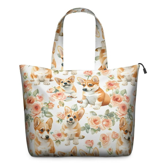 Corgi Dog and Flower Florals Travel Tote Bags for Women Carry On,Large Weekender Bags for Women Travel,Multi Functional Duffle Bag for Work,Shopping,Sports