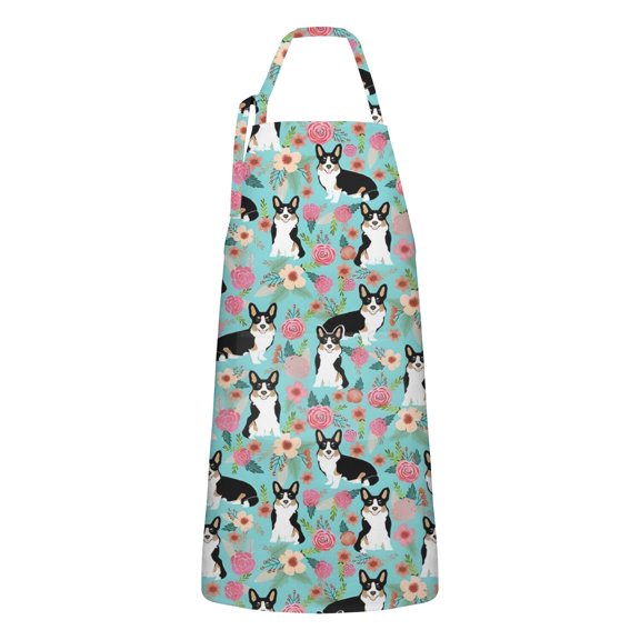 Corgi Dog and Flowers Apron-Garden Aprons for Women with Pockets-Cotton Linen Waterproof Kitchen Cooking Gardening Aprons Adjustable for Kitchen,Cooking,BBQ and Salon 33x27 Inch