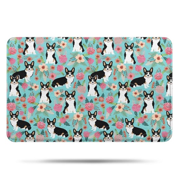 Corgi Dog and Flowers Bathroom Rugs Mat,Non Slip Microfiber Bathroom Rug,Rubber Backing,Soft Bathroom Mats for Bathroom Floor,Tub and Shower,17x27in(43x68cm)