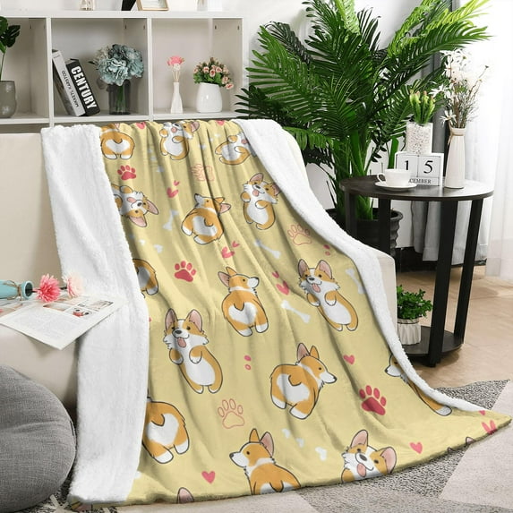 Corgi Dog and Footprints Blanket,Comfortable Soft Flannel Throw Blanket,All Season,Warm Lightweight Blankets for Sofa Bed Couch Living Room Chair,50"x60"(130x150cm)