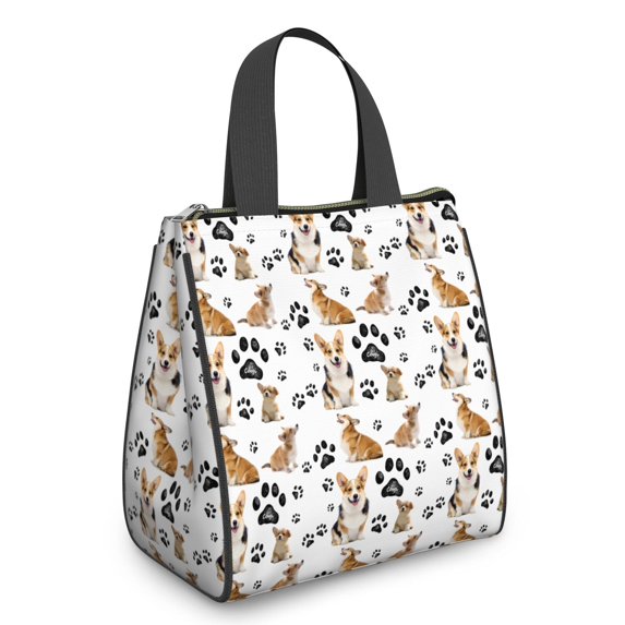 Corgi Dog and Footprints Insulated Lunch Bag for Women & Adults,Large Portable Soft Cooler Lunch Bag,Thermal Food Storage Tote with Pearl Cotton,8.66L,8.75x5.75x9.5 Inch