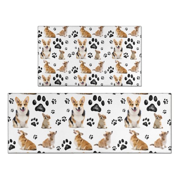 Corgi Dog and Footprints Kitchen Rugs Sets Of 2,Anti Fatigue Kitchen Mat Rugs Non Slip Washable,Decorative Kitchen Floor Mats for Kitchen,Sink,Laundry,17"x30"+17"x47"