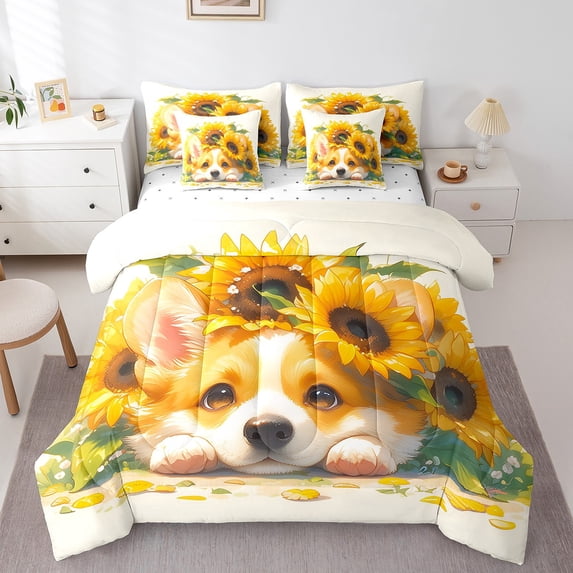 Corgi Dog Full Comforter Set 7-Piece Lovely Pug Pet Bedding Sets,Yellow Sunflower Bed in a Bag Girly Floral Bedding Comforter Sets Plant Botanical Bed Set Bedroom Decor