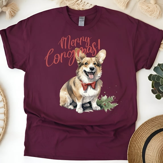 Corgi Dog Graphic T-Shirt | Cute Puppy Tee for Men Women Kids, Maroon, Size S