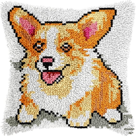 Corgi Dog Latch Hook Kits Pillow DIY Rug Crochet Hook Cushion Making Kits Printed Pattern Canvas Pillowcase Hooking Kits Pillow Cover Crochet Kits 43x43cm(fs75)