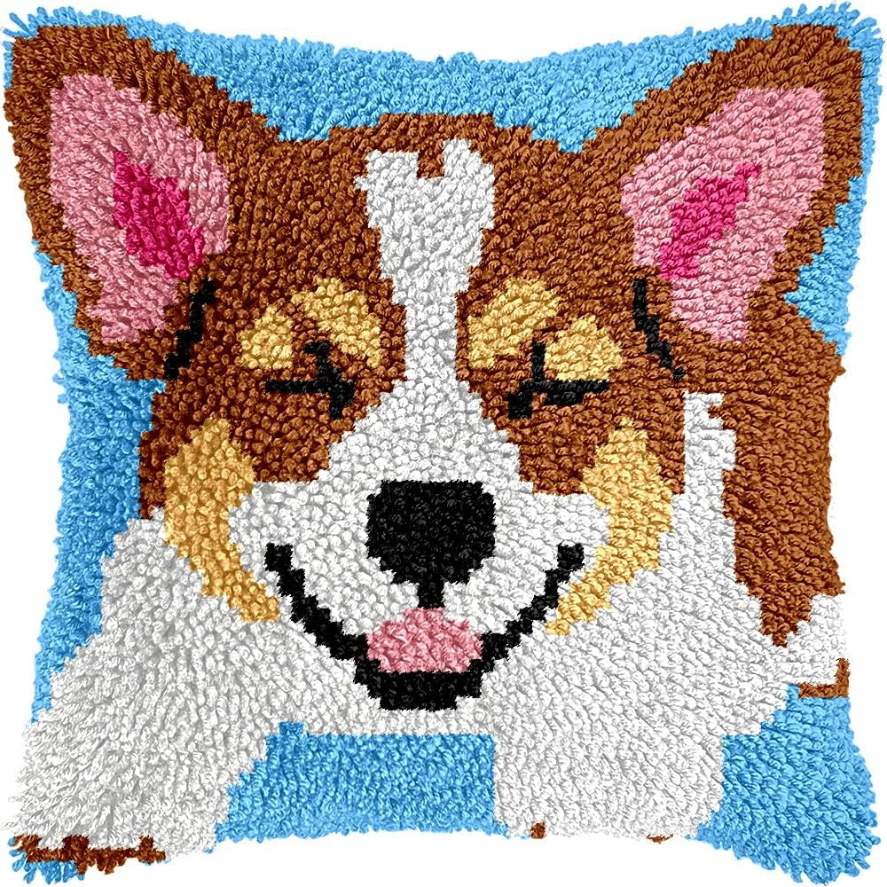 Corgi Dog Latch Hook Pillow Cover Kits for DIY Handmade Throw Pillow Cross Stitch Latch Hooking Pillowcase Kits with Preprinted Color Pattern Canvas Crochet Yarn Kits 17''X 17''(7-187)