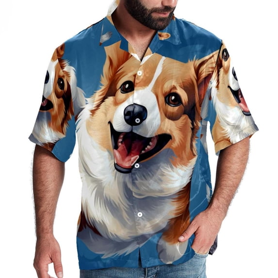 Corgi Dog Men's Short Sleeve Hawaiian Shirt Button Down Poplin Beach Casual Printed Unisex Summer Tops