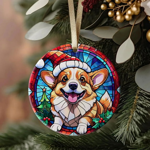 Corgi Dog Ornaments Ceramic For Christmas, Stained Glass Ornaments Ceramic Christmas 2025