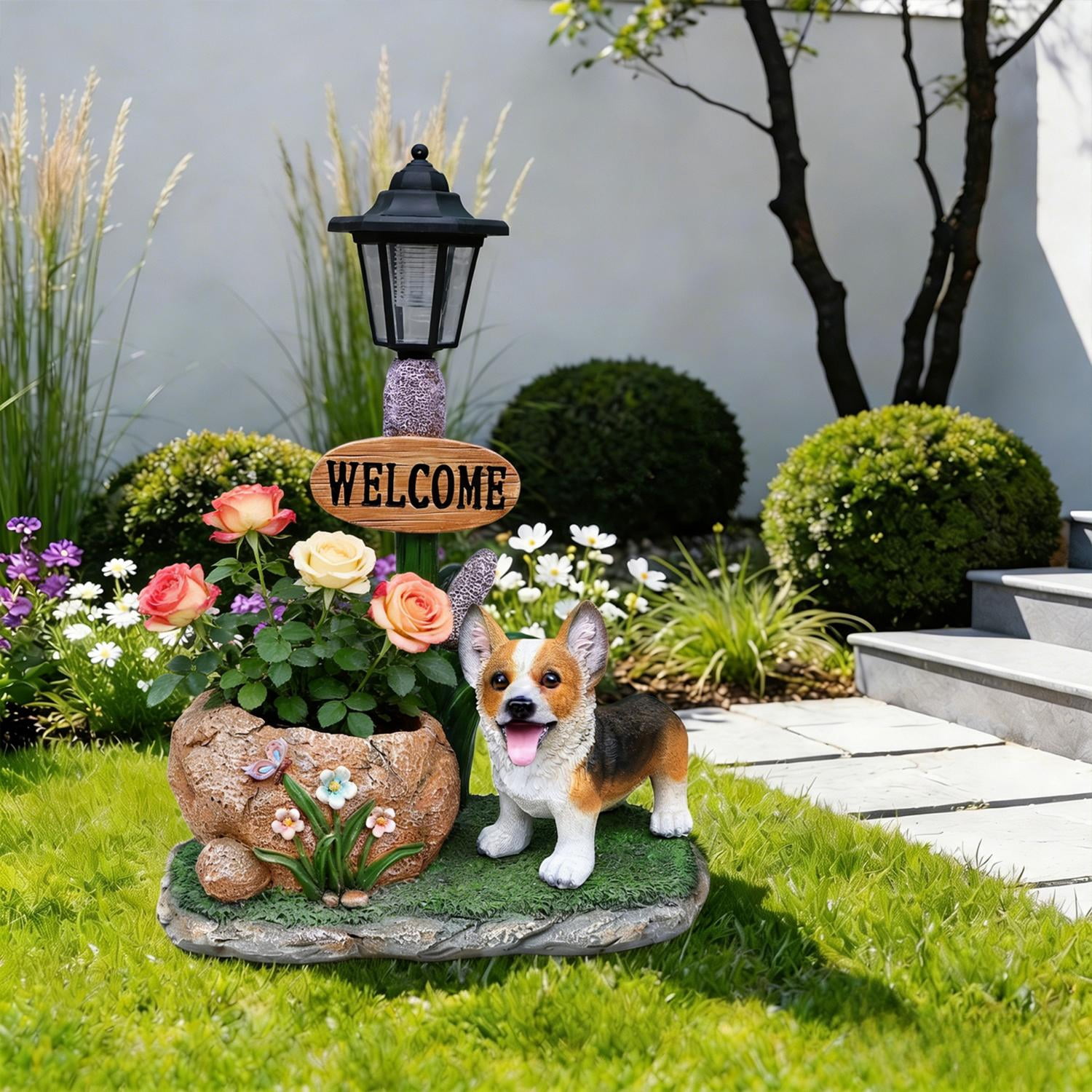 Corgi Dog Planter Garden Decor, Outdoor Statue with Built-In Planter, Weather-Resistant Resin for Yard, Patio, Lawn, Small Space, Brown