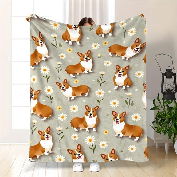 Corgi Dog Print Flannel Throw Blanket 280GSM, Soft Plush Lightweight All-Season Blanket for Sofa Bed Travel Outdoor, Cozy Warm Bedspread for Corgi Lovers