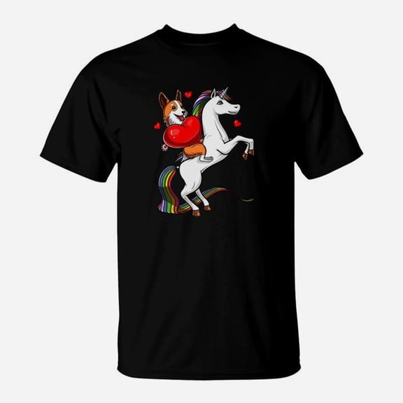 Corgi Dog Riding Unicorn Valentines Day Women Girls TShirt