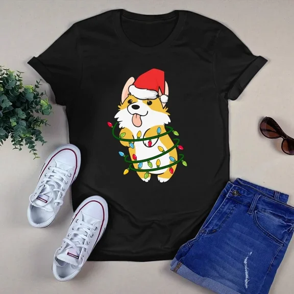 Corgi Dog Santa Hat Christmas Tree Lights Xmas Gift Tshirt Unisex S-5XL Hot Trending Shirt Birthday Gift