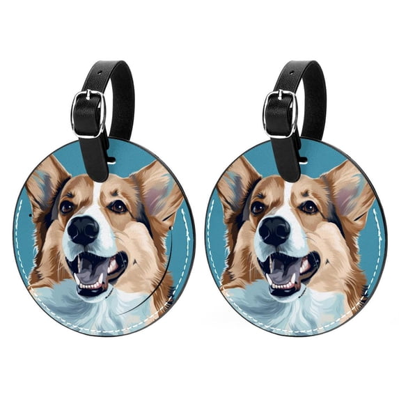 Corgi Dog Set of 2pcs PU Leather Round Suitcase Tags with Privacy Cover and Name ID Tag - Ideal for Travel Luggage, Handbags, Backpacks, School Bags