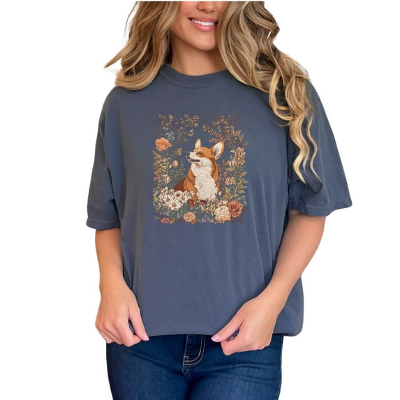 Corgi Dog T-Shirt, Cute Dog Tee, Floral Graphic Shirt, Dog Lover Gift, Corgi Art Clothing, Nature-Inspired Tee, Unique Dog Apparel, Denim Comfort Colors T-Shirt, Small