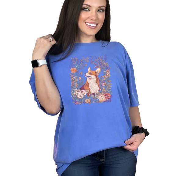 Corgi Dog T-Shirt, Cute Dog Tee, Floral Graphic Shirt, Dog Lover Gift, Corgi Art Clothing, Nature-Inspired Tee, Unique Dog Apparel, Flo Blue Comfort Colors T-Shirt, Small