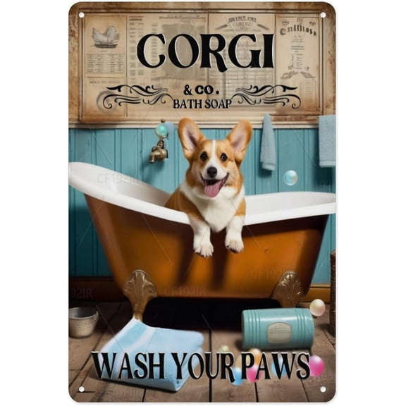 Corgi Dog Wash Your Paws Decor Vintage Metal Tin Sign Funny Pet-Themed Bathroom Entryway Sign for Dog Lover's Home, Retro Styling Decorative Tin 8x12 Inches