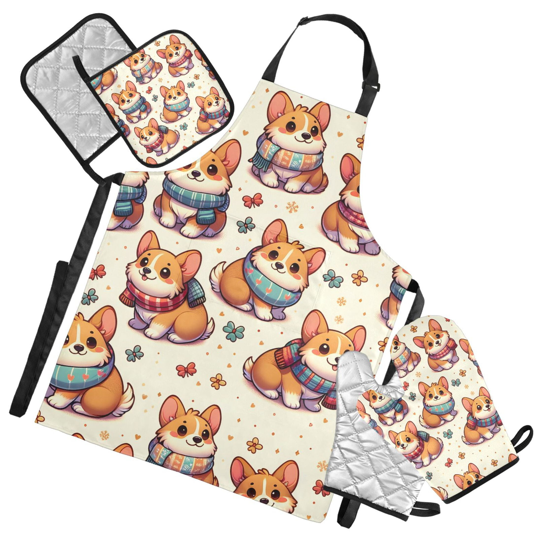 Corgi Dog Wearing Scarves 5 Pcs Kitchen Set Heat Resistant Oven Mitts and Non-Slip Pot Holders with Adjustable Cooking Apron