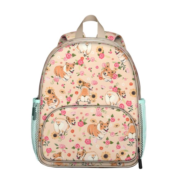 Corgi Dog and Flower Florals Backpack Backpack for School,Cute School Bag,Schoolbag with Adjustable Shoulder Straps & Padded Back,13.8"x11.4"x6"